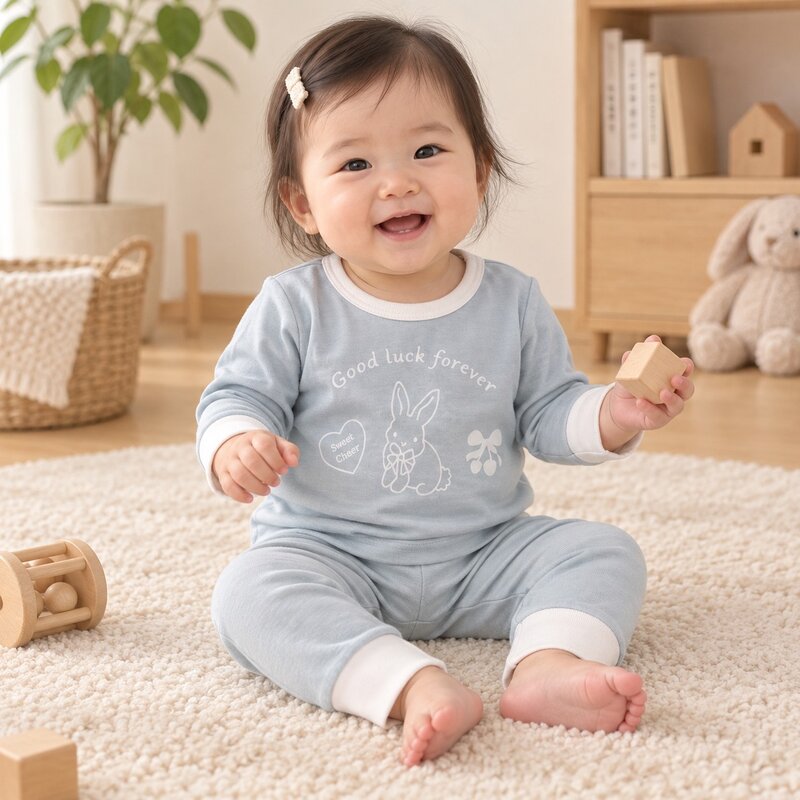 台製 寶寶小兔愛心櫻桃印花長居家服套裝