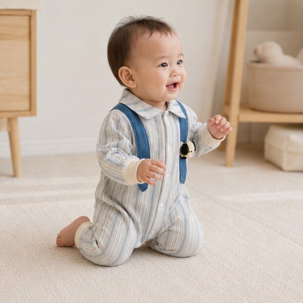 立體狗頭直紋襯衫披肩薄長袖爬服 圖片 2
