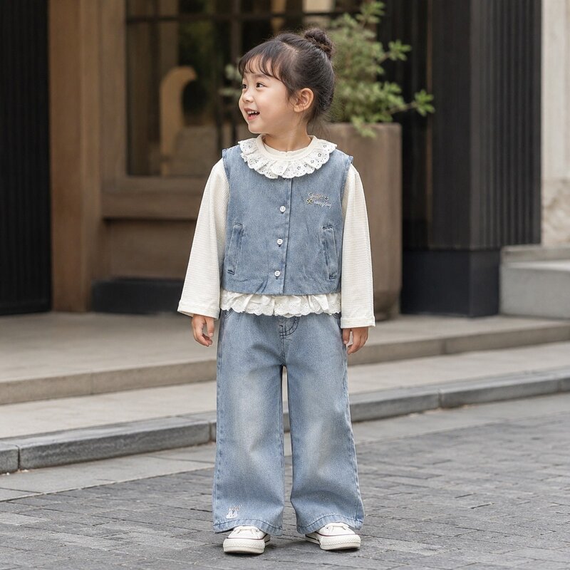 微笑刺繡牛仔背心小兔寬褲三件組套裝 圖片 1
