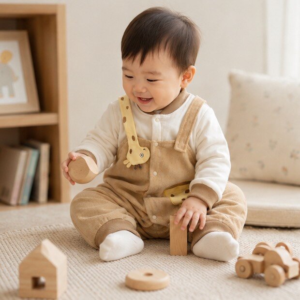 長頸鹿吊帶假兩件長袖夾棉爬服 圖片 2