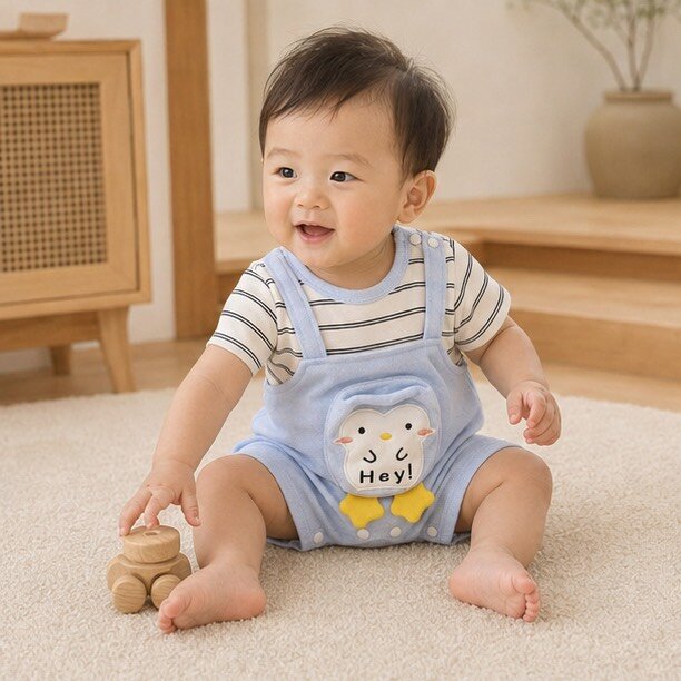 立體企鵝吊帶假兩件短袖爬服 圖片 2