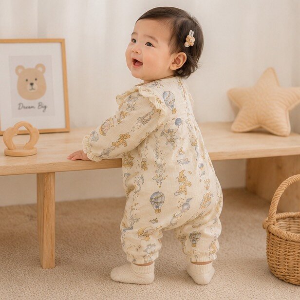 晚安動物蕾絲荷葉滾邊領棉紗長袖爬服 圖片 4