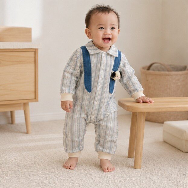 立體狗頭直紋襯衫披肩薄長袖爬服