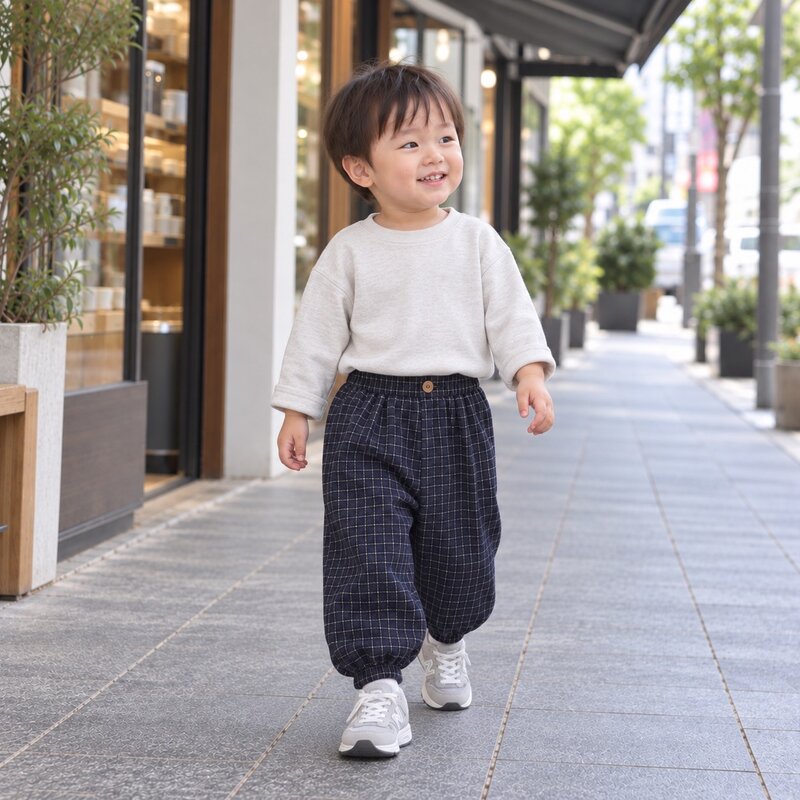 日系深藍格紋單釦造型束口老爹褲 圖片 3