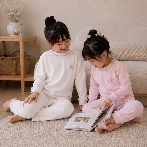女寶 素面無骨拼接縮口袖薄長居家服套裝 圖片 3