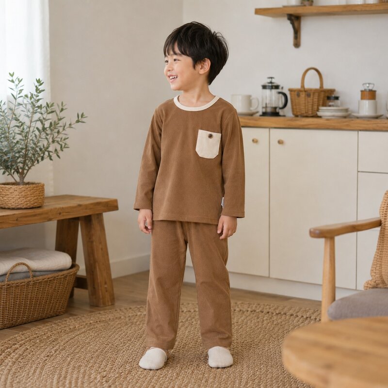 撞色單口袋坑紋絨面居家服套裝 圖片 6