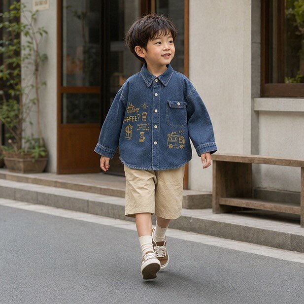 黃線條咖啡時光牛仔襯衫外套 圖片 1