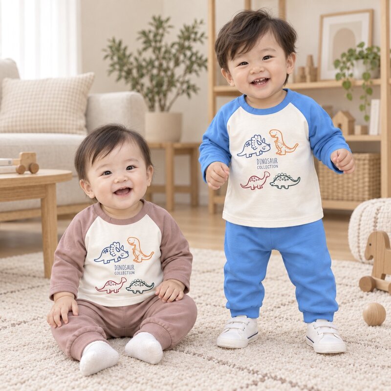 台製 寶寶童趣恐龍圖案撞色長居家服套裝 圖片 2