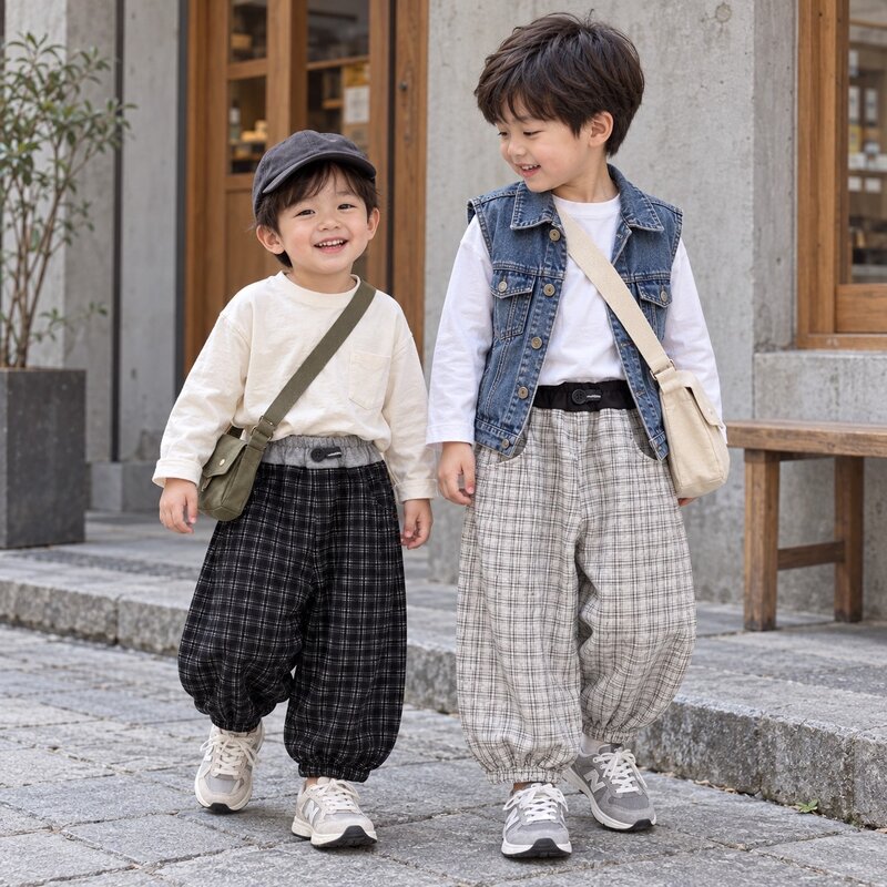 撞色腰格紋單釦束口休閒褲