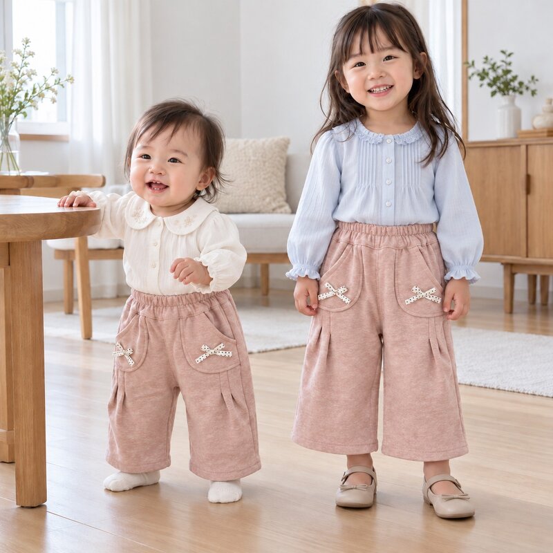 粉色蝴蝶結口袋寬長褲—Baby.小童款 圖片 1