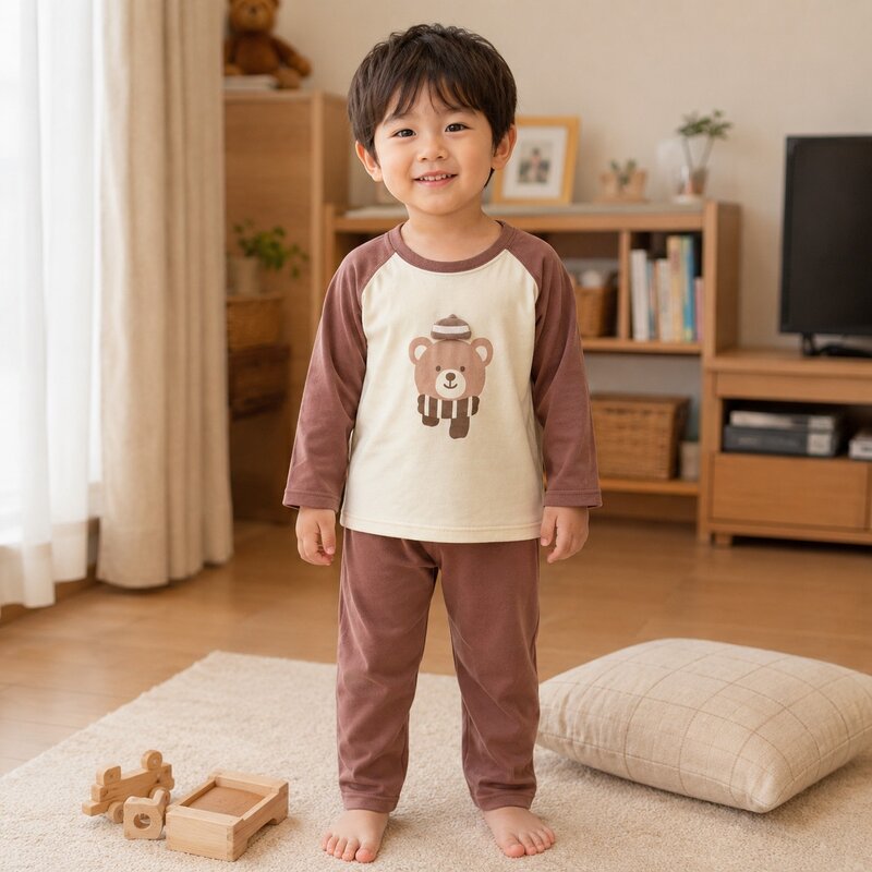 立體帽毛巾熊拼色袖居家服套裝
