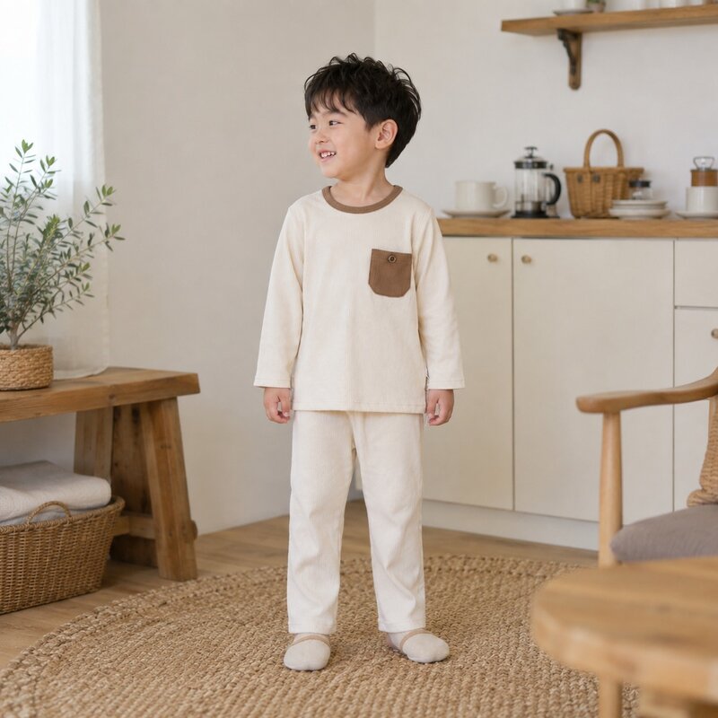 撞色單口袋坑紋絨面居家服套裝 圖片 5