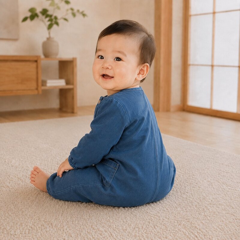 四釦棉牛仔長袖爬服 圖片 3