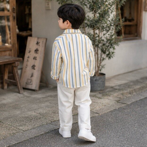 大童 藍黃條紋薄長襯衫兩件式上衣 圖片 5
