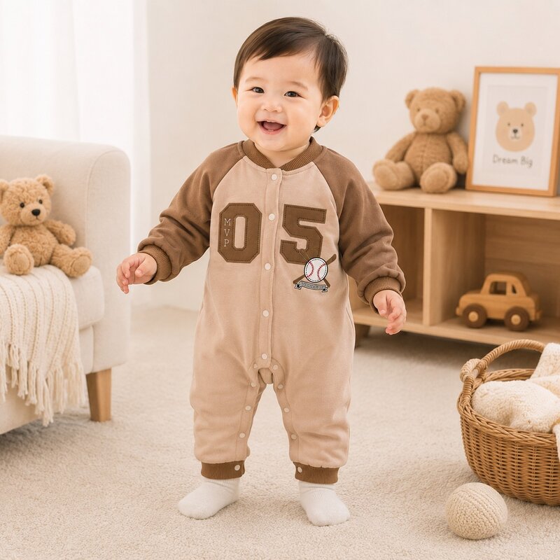 棒球05拼色長袖爬服