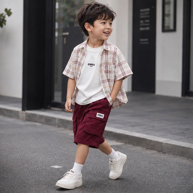 格紋襯衫紅短褲三件組背心套裝 圖片 2