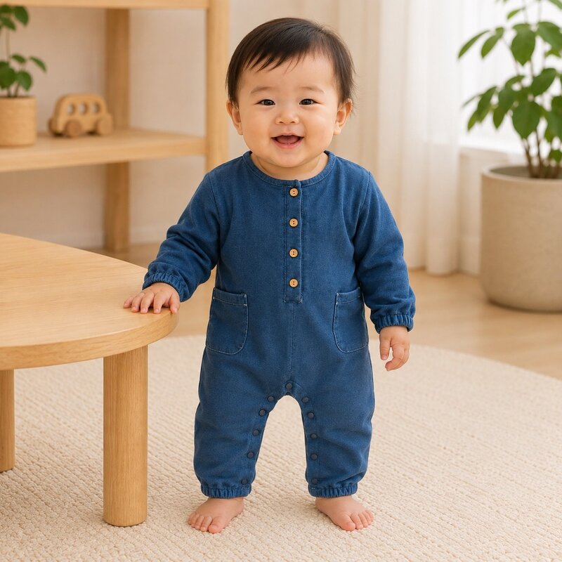 四釦棉牛仔長袖爬服 圖片 1