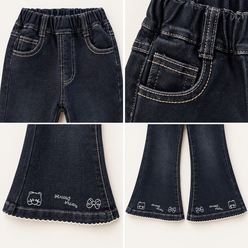 小熊刺繡蕾絲滾邊牛仔喇叭褲 圖片 5