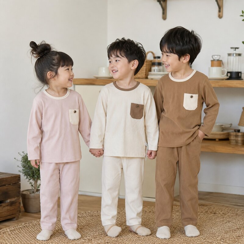 撞色單口袋坑紋絨面居家服套裝