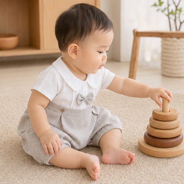 襯衫拼接咖直紋短袖正裝爬服 附領結 圖片 2