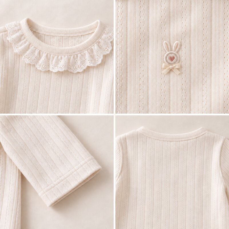 甜美蕾絲花邊坑紋小兔刺繡薄長袖上衣 圖片 7