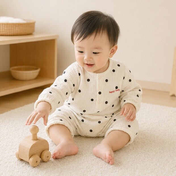 寶寶 米黑色波點棉紗爬服