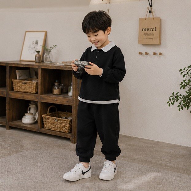 撞色領假兩件長袖休閒套裝 圖片 3
