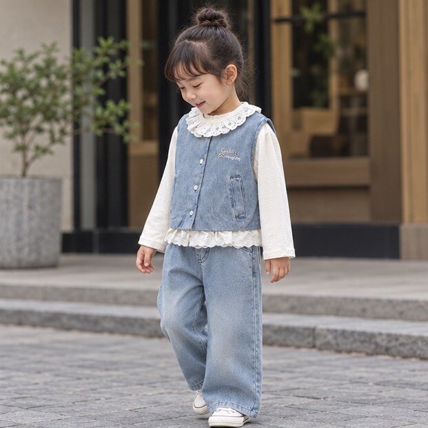 微笑刺繡牛仔背心小兔寬褲三件組套裝 圖片 2