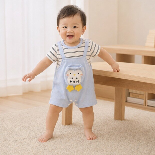 立體企鵝吊帶假兩件短袖爬服 圖片 1
