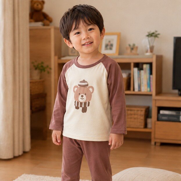 立體帽毛巾熊拼色袖居家服套裝 圖片 2