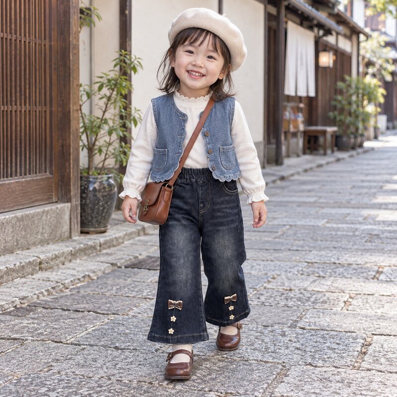 蝴蝶結小花深藍水洗微喇叭褲