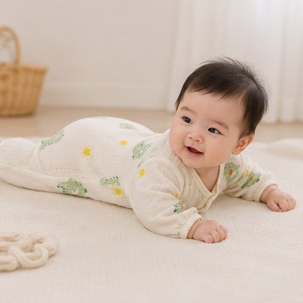 綠恐龍壓扣棉紗長袖爬服 圖片 3