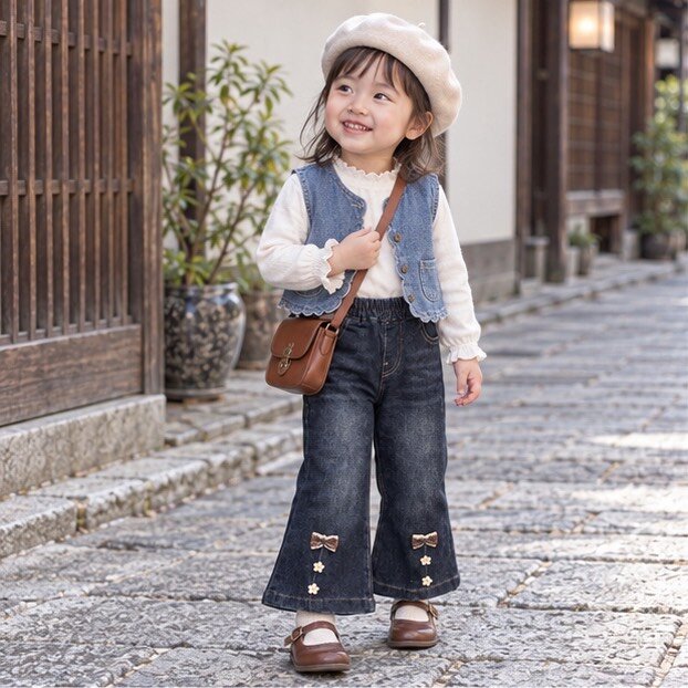 蝴蝶結小花深藍水洗微喇叭褲 圖片 2