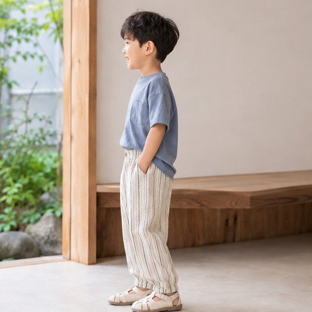 直紋棉麻縮口薄長褲 圖片 3