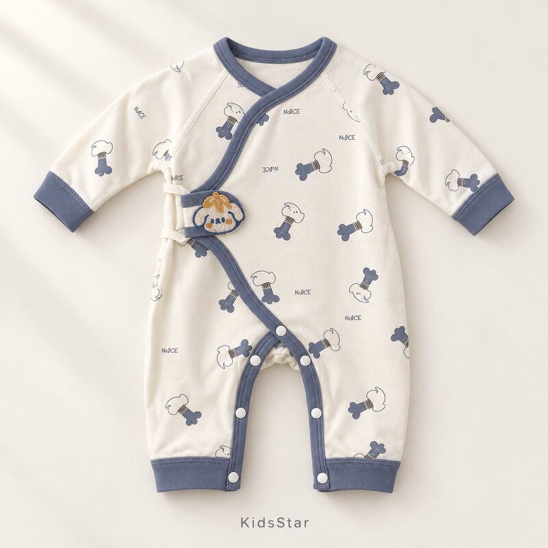 新生兒 可愛小狗印畫花側開連身爬服 圖片 2