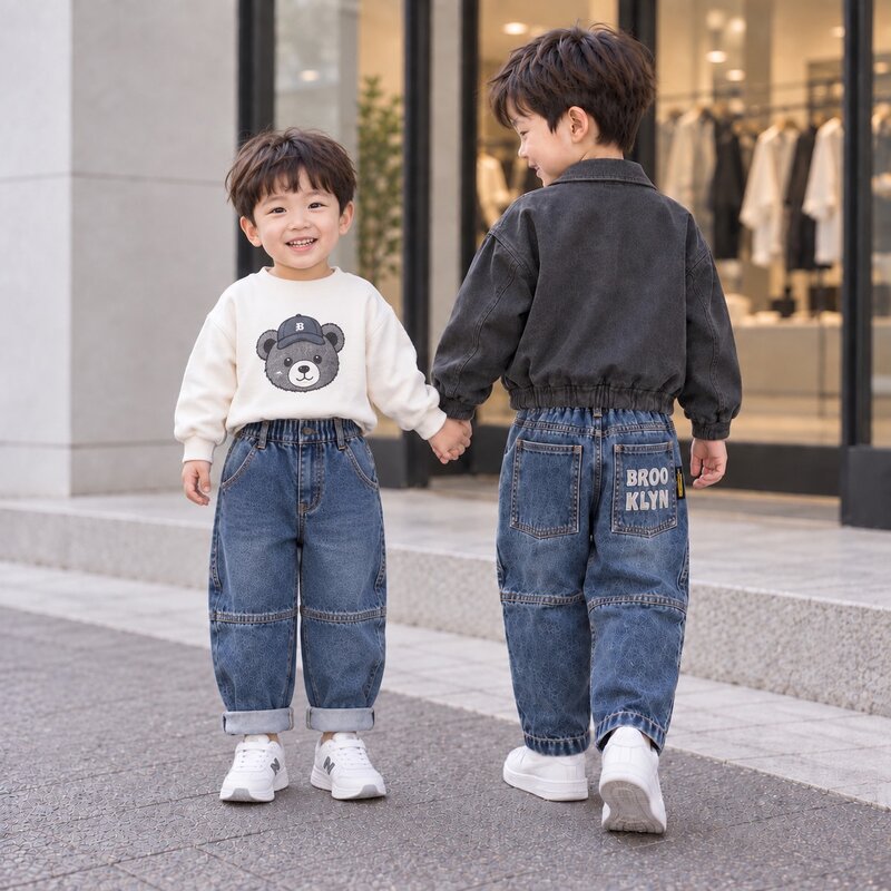 美式復古後口袋刺繡水洗牛仔長褲 圖片 1