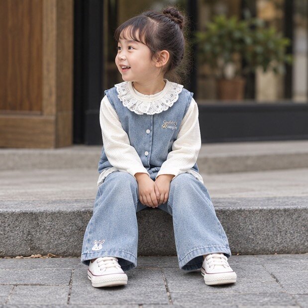 微笑刺繡牛仔背心小兔寬褲三件組套裝 圖片 3