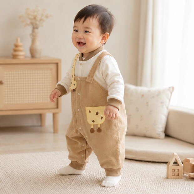 長頸鹿吊帶假兩件長袖夾棉爬服 圖片 3