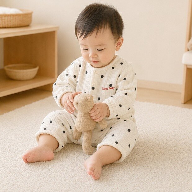 寶寶 米黑色波點棉紗爬服 圖片 2