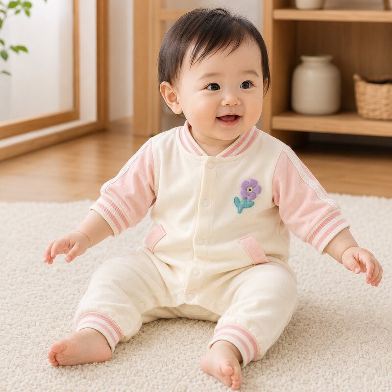 立體小花粉棒球風拼接連身爬服外套 圖片 1