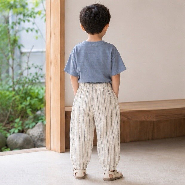 直紋棉麻縮口薄長褲 圖片 4