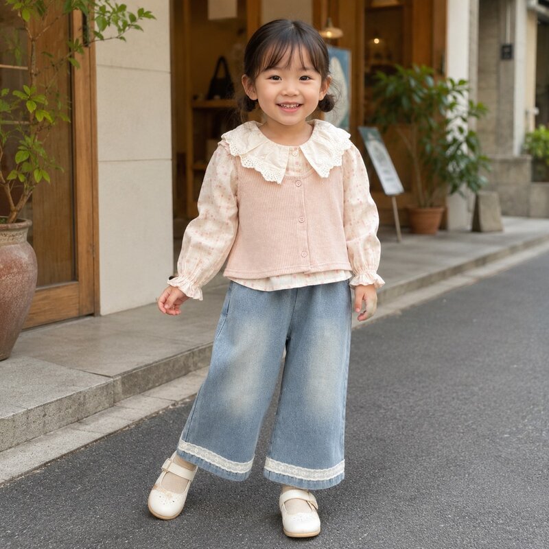 粉格紋蕾絲翻領牛仔三件組套裝