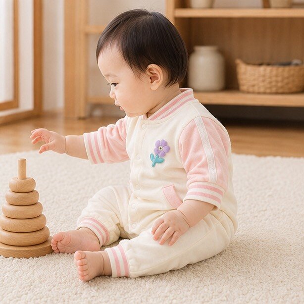 立體小花粉棒球風拼接連身爬服外套 圖片 2