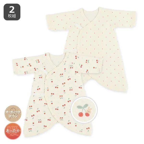 日本選品 四季款側開扣爬服兩件組(櫻桃圓點圖案)