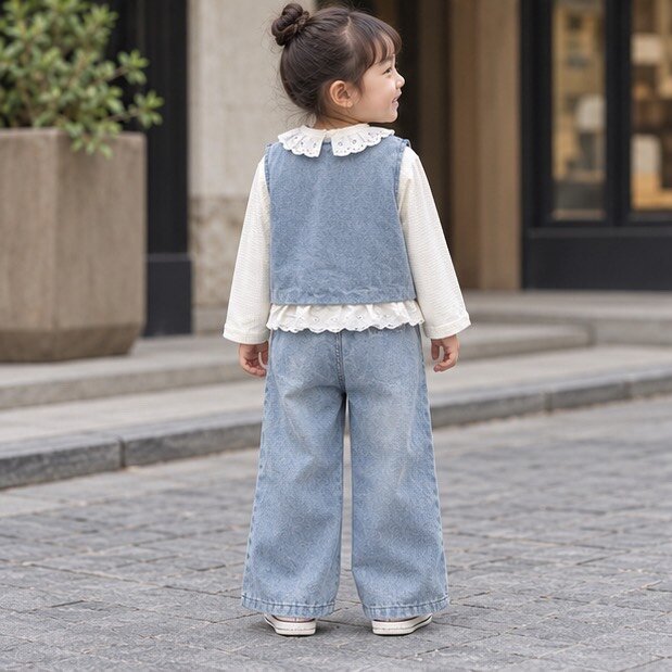 微笑刺繡牛仔背心小兔寬褲三件組套裝 圖片 5